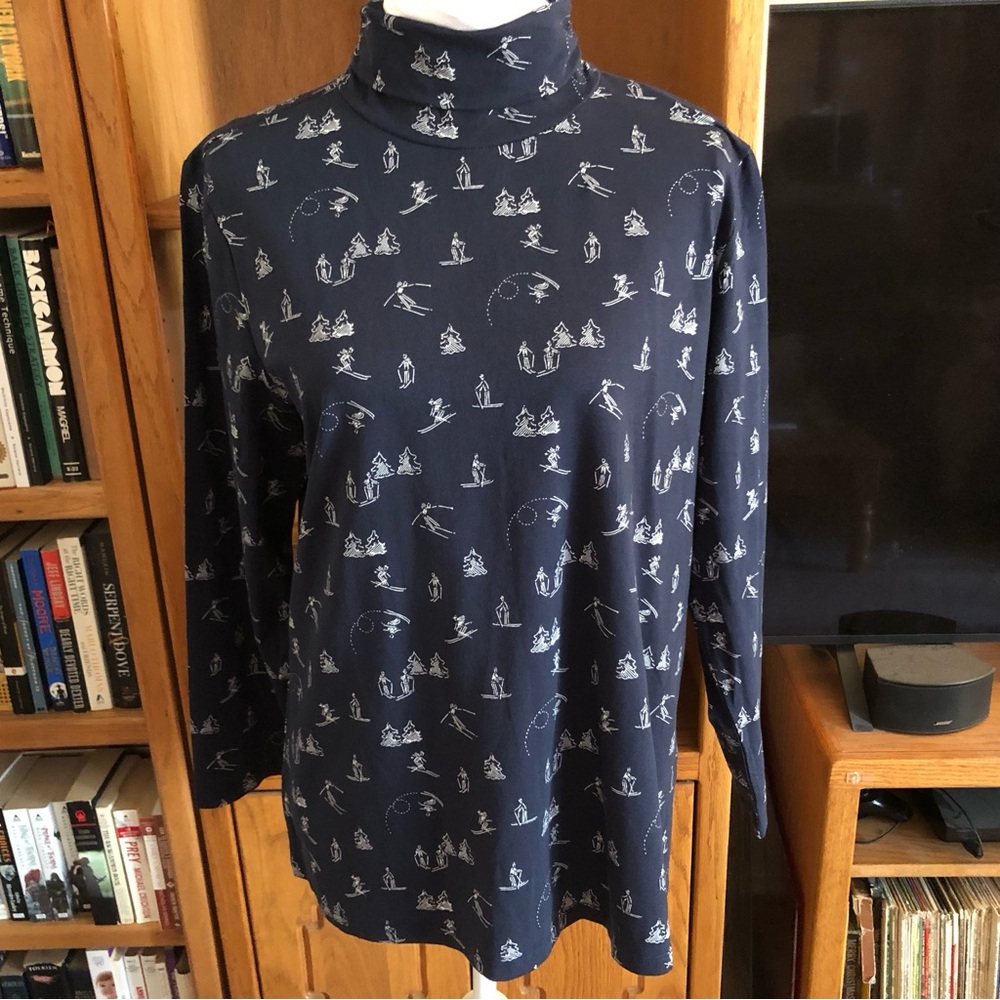 NWT Christopher & Banks Navy Turtleneck with White Skiing Print